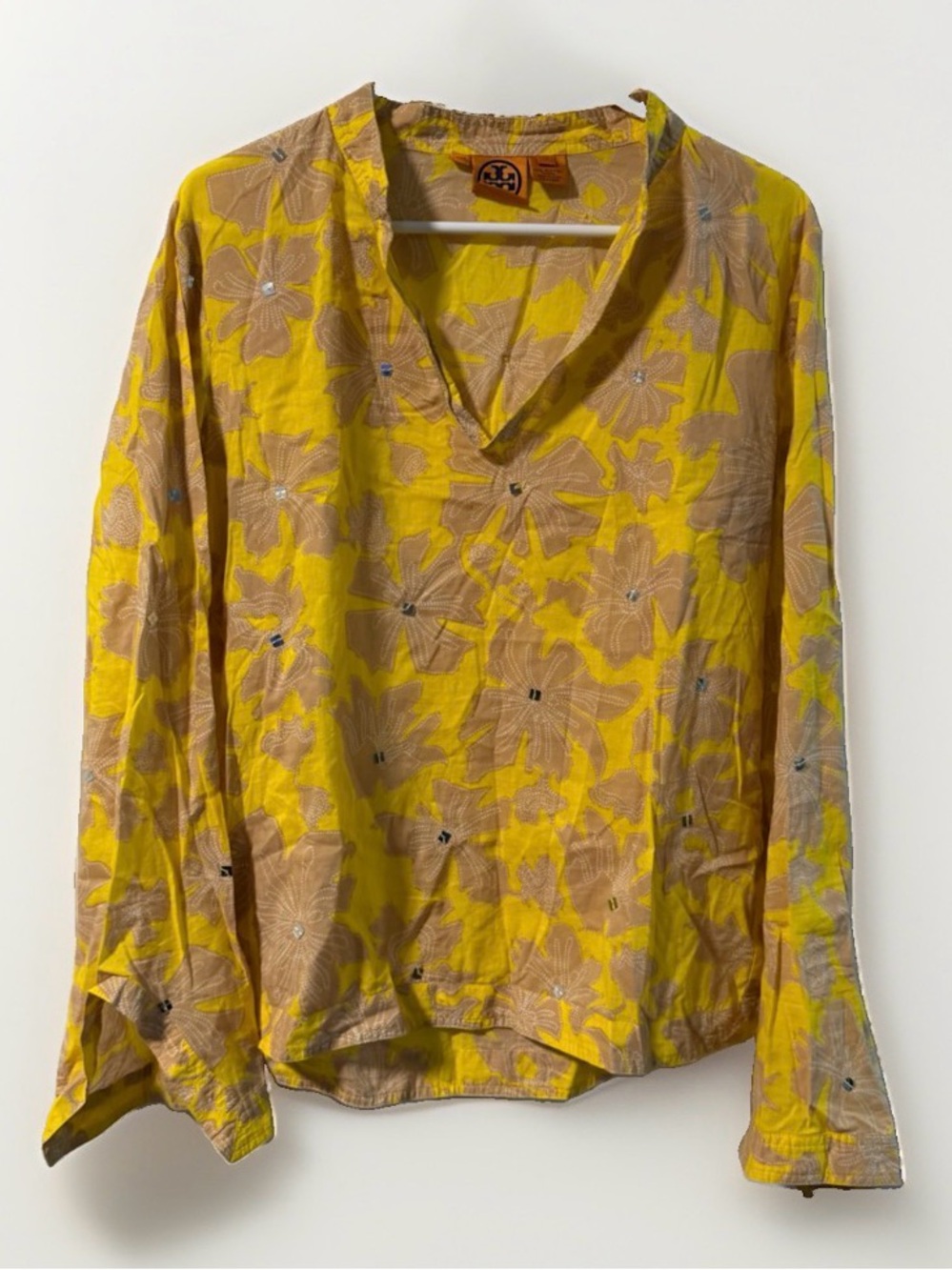Stunning Tory Burch Yellow & Tan Flowe Sequin Cotton Long Sleeve Top Tunic Sz 12